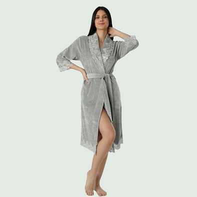Женский велюровый халат с кружевом Турция 036504